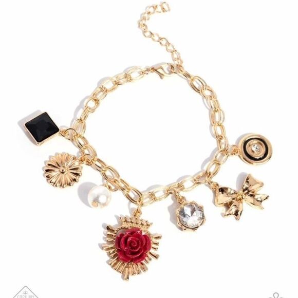 Paparazzi Victorian Verdict Charm Bracelet Gold Rose Pearl Bow Crystal Love New - Picture 1 of 2